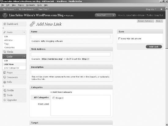 Add a link to your blogroll by using this tool from WordPress.com.