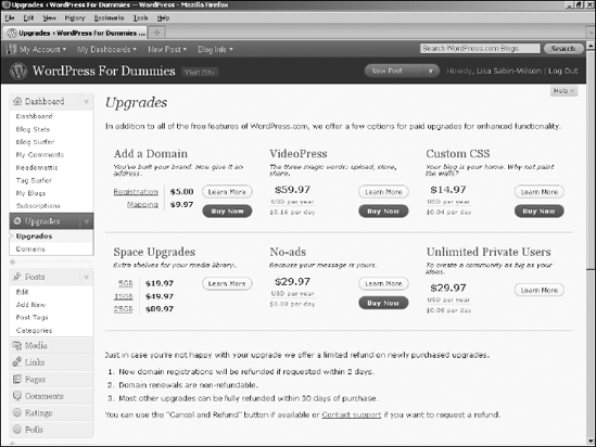 The WordPress.com Upgrades page.