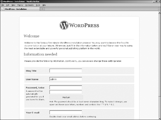 Information needed to finish the WordPress installation.