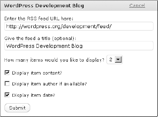 Options to change the Feed Title and URL of the WordPress Development Blog module.