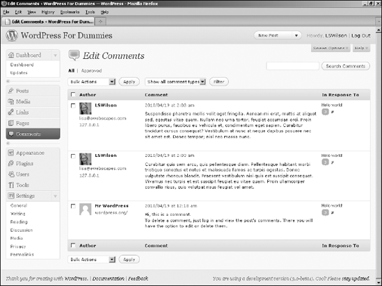 Authors' avatars appear in the Comments page in the WordPress Dashboard.