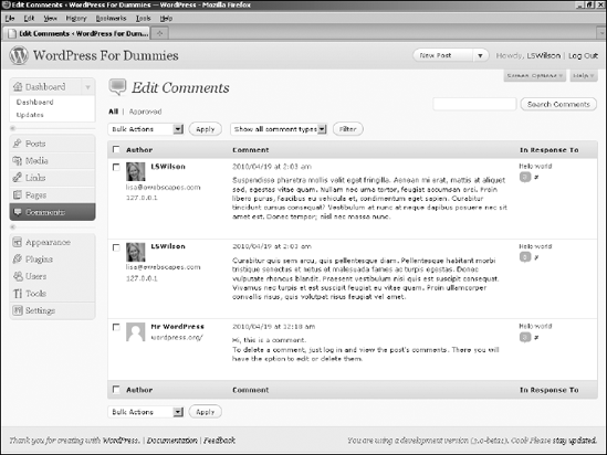 Clicking the Comments menu shows you the edit Comments page, with all the comments and trackbacks on your blog.