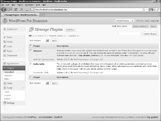The Manage Plugins page in the WordPress Dashboard.