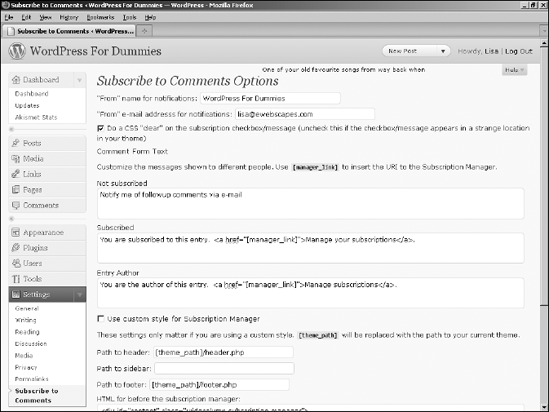 The Subscribe to Comments Options administration page.