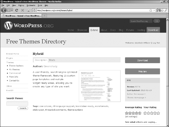 Download or preview a particular theme from the WordPress Free Themes Directory.