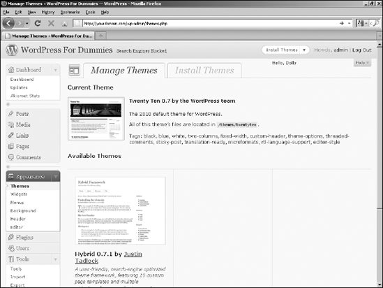 Themes displayed on the Manage Themes page in the WordPress Dashboard.