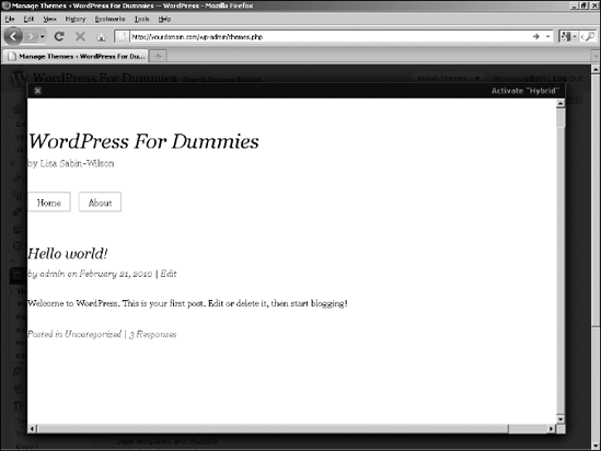 Theme preview window in the WordPress Dashboard.