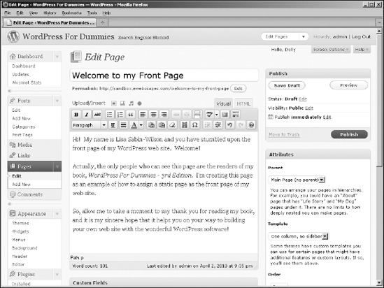 Create the static page that you want to use as your front page.