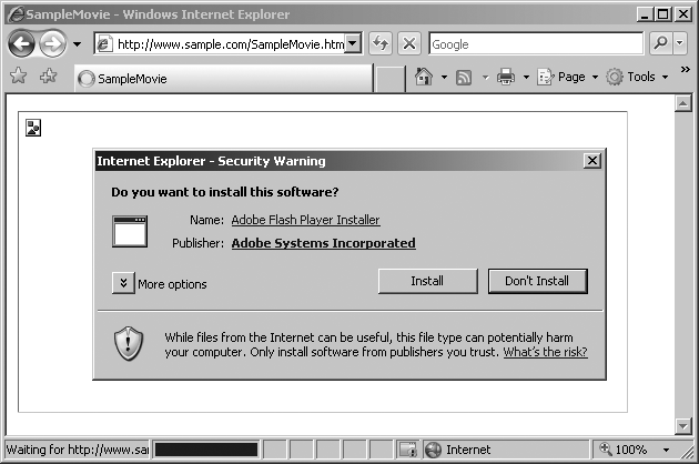 Internet Explorer prompting an installation of the Flash Player ActiveX control