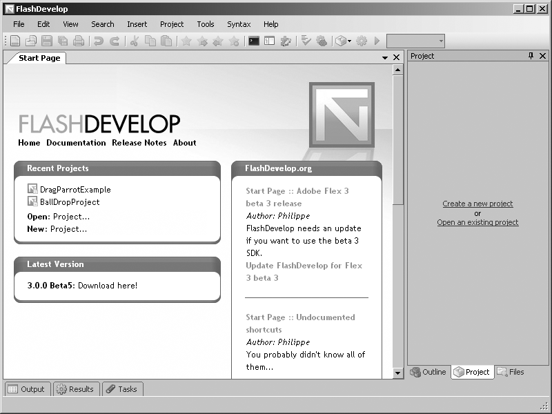 The FlashDevelop Start Page