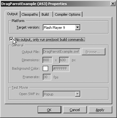 Selecting the No output checkbox switches FlashDevelop to the Flash authoring tool compiler