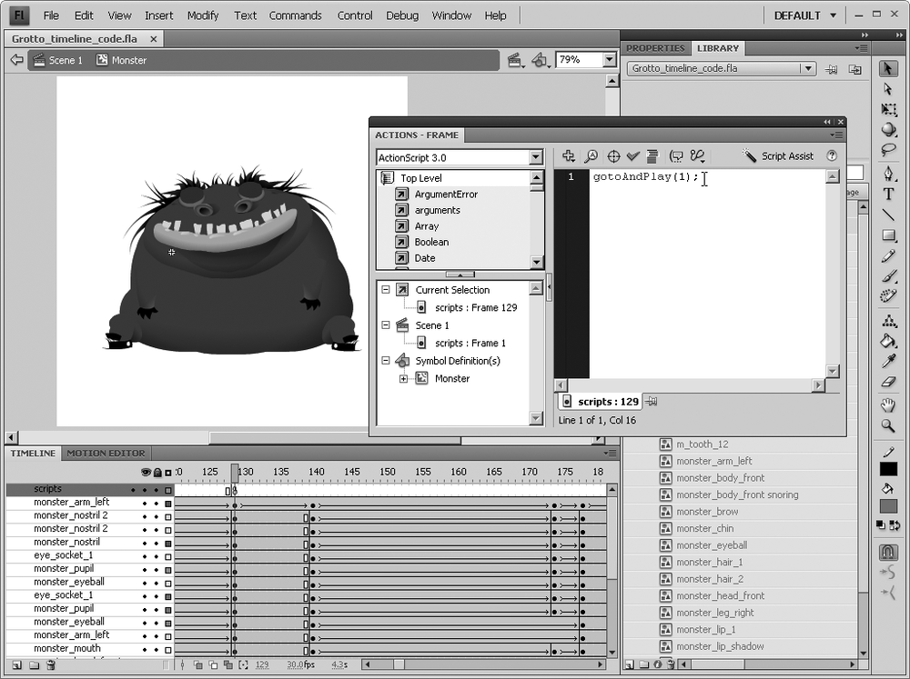 The selected frame determines where the Actions panel attaches its code (“Grotto” character created by Chris Georgenes, , used with permission)