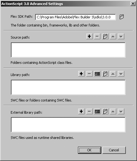 The ActionScript 3.0 Advanced Settings dialog box manages Source and Library path settings