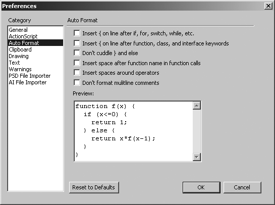 Auto Format preferences for ActionScript