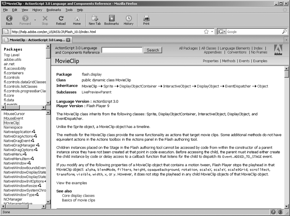 The onboard documentation, displaying the MovieClip class entry