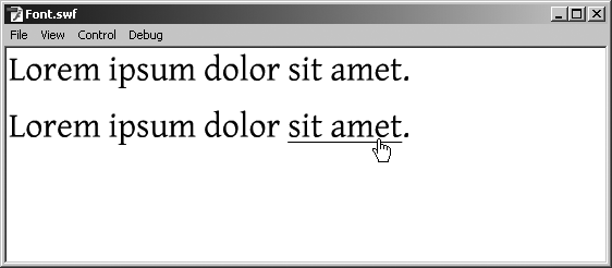 An embedded font in simple and HTML-formatted text