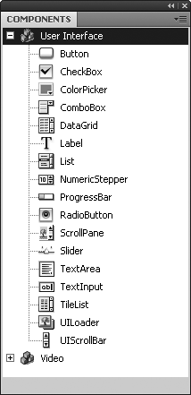 The Components panel, showing User Interface and Video components