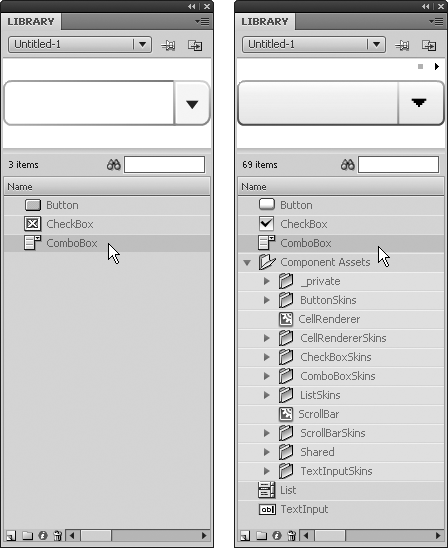 The same three components displayed in the libraries of an ActionScript 2.0 document (left) and an ActionScript 3.0 document (right)