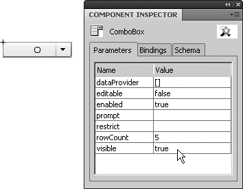 ComboBox component parameters, as displayed in the Component Inspector panel