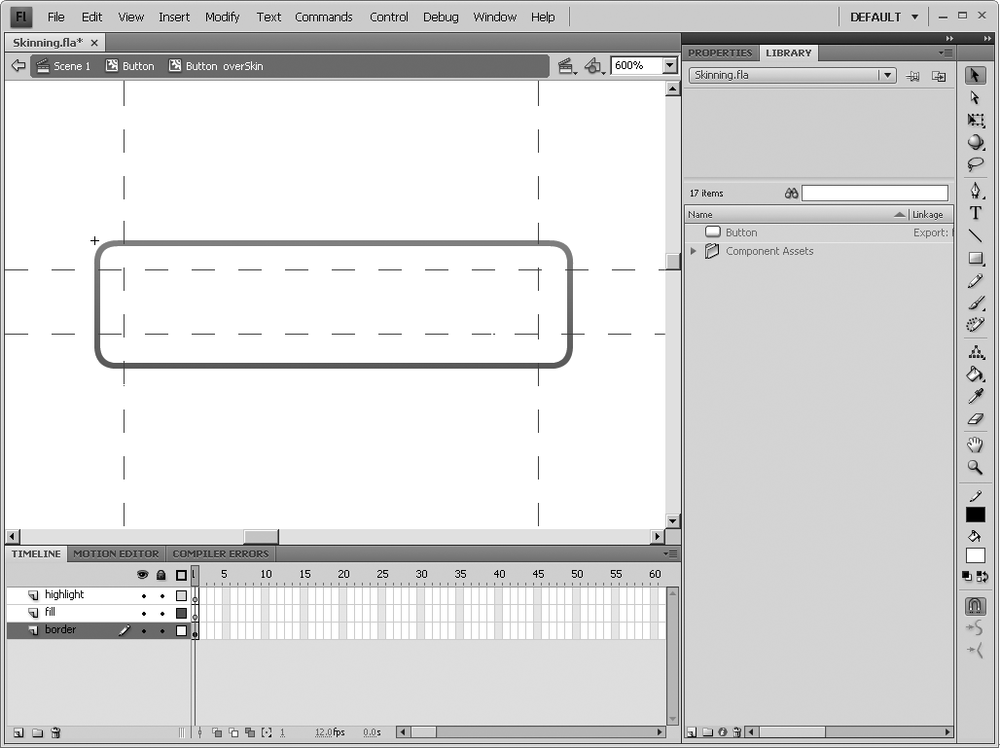 The over state of the Button component, showing 9-slice scaling lines