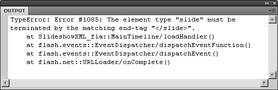 A runtime error, displayed in the Output panel