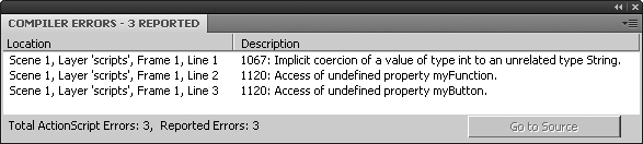 The Compiler Errors panel, showing three frame script errors