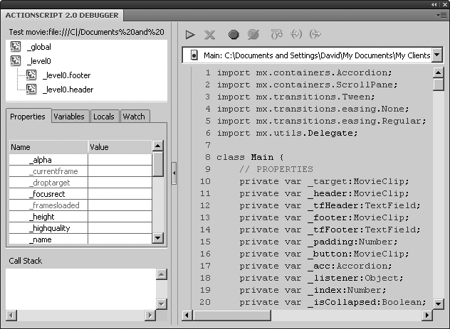 The ActionScript 2.0 Debugger panel