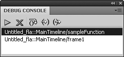 Debug Console panel buttons, with a new method in the call stack