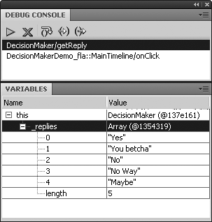 The call stack showing two methods, with properties of the current scope below