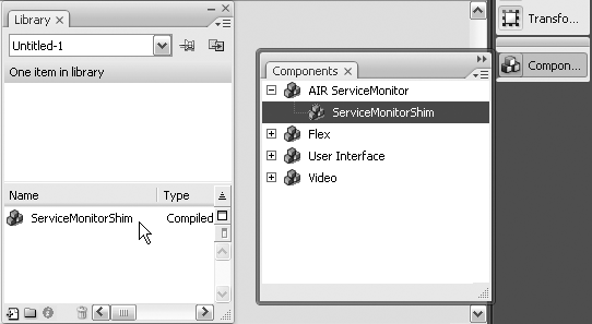 Dragging the ServiceMonitorShim component from the Components panel into the Library