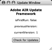 UpdateWindow shows the updater’s properties for the first run and the current version.