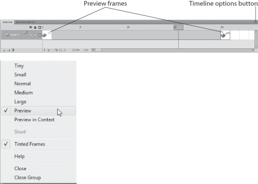 As shown at top, Flash provides visual cues about your keyframes when you choose Preview from the timeline’s Options menu. The timeline options (bottom) give you several different ways to adjust the view.