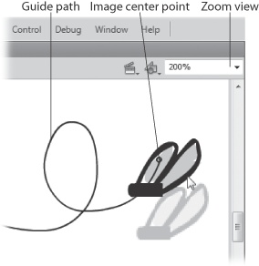 If your eyesight’s less than stellar, you might have a hard time positioning your image right on top of the path. But you have to position it correctly, or your classic tween won’t work. It may help to zoom in on your drawing using the Zoom View box in the upper-right corner.