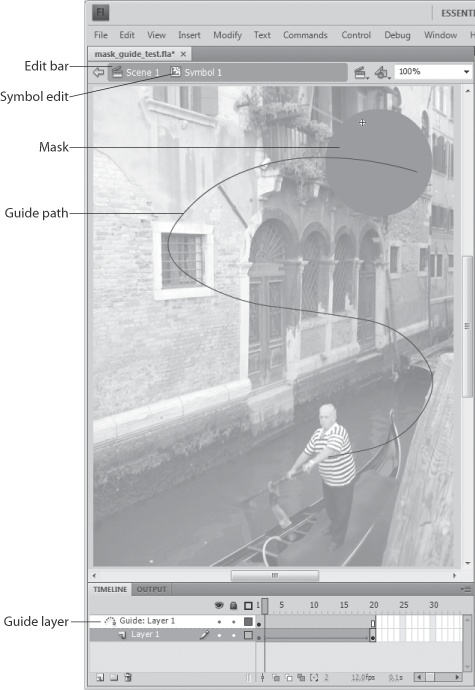 Here’s a motion path superimposed on the Venice scene (the masked layer). When you finish the steps in this example, the mask (the circle) will “shine a spotlight” on the gondolier after following the curved motion path.