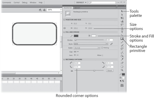 After you create your rectangle, you can adjust its size, color, and all other aspects of appearance using the controls in the Properties panel. Just select your rectangle and tweak away.