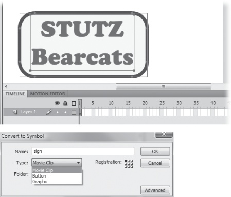 Top: The Stutz Bearcat sign is made from two objects: a rounded rectangle and text.Bottom: To use the sign in a motion tween, you have to convert the two objects into a single symbol.
