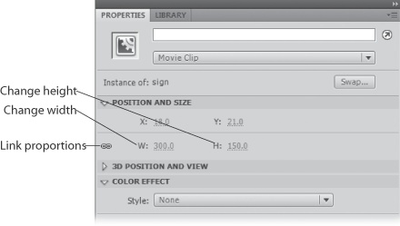 Change the size of your symbol in the Properties panel to change the size throughout the timeline. To scale your symbol at a certain point in the tween, use the Scale tool on the Tools palette.