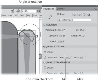 As you type or scrub in a Min and Max Joint: Rotation value, Flash shows you the angle of rotation superimposed over the joint.