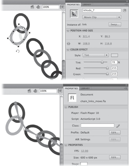 Top: To reposition a symbol relative to the bone armature, use the Transform tool.Bottom: The link has pivoted around its transformation point, but still moves with the rest of the armature.