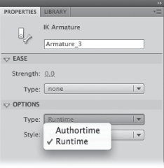 Change the Properties → Options → Type to Runtime if you want to use ActionScript to control the movement of your IK Bones armature.