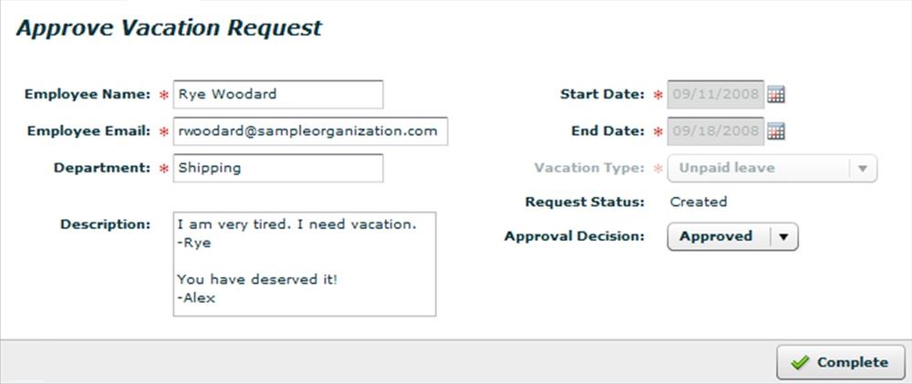 The UI of the vacation request approval