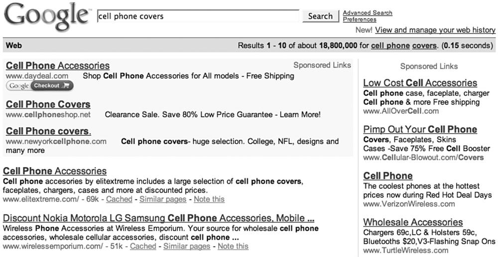 A typical search result for the phrase “cell phone covers”