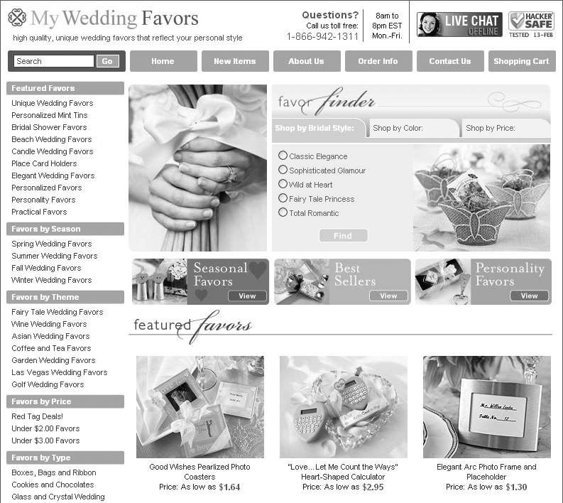 Conversion elements integrated into the MyWeddingFavors.com home page