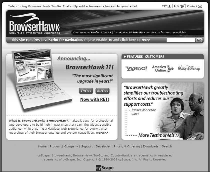 The BrowserHawk home page, which sniffs your browser environment variables