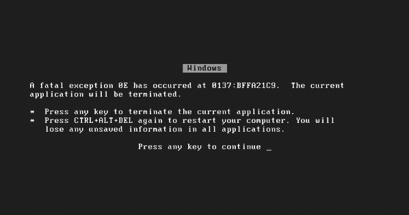 A typical “blue screen of death” in Windows