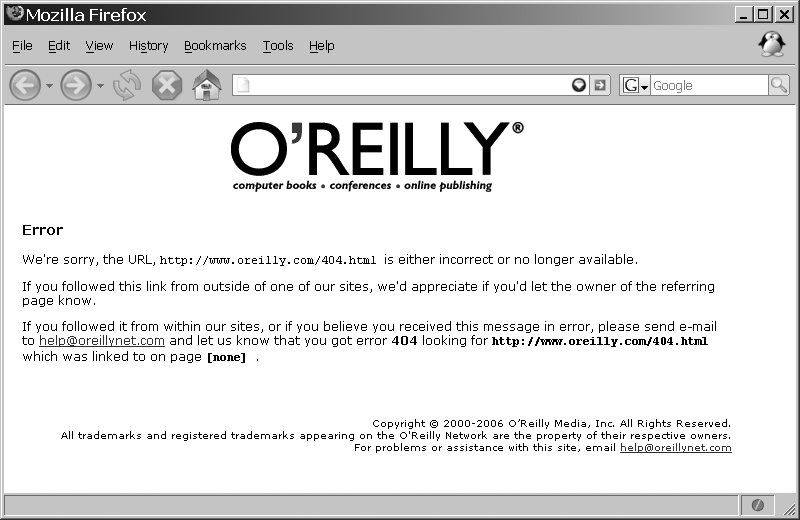 The 404 error shown on O’Reilly’s web site