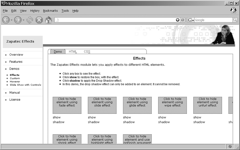 The online demo page for effects in Zapatec