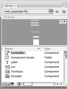 Library panel with ComboBox and UILoader components