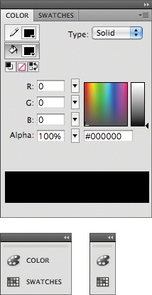 Panels shown in full-size, icon-and-name, and icon-only views