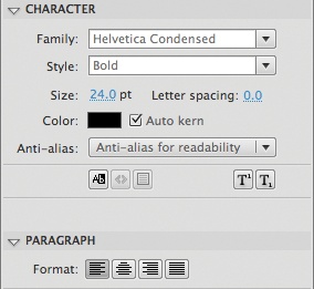 Detail of Properties panel showing select Static text properties